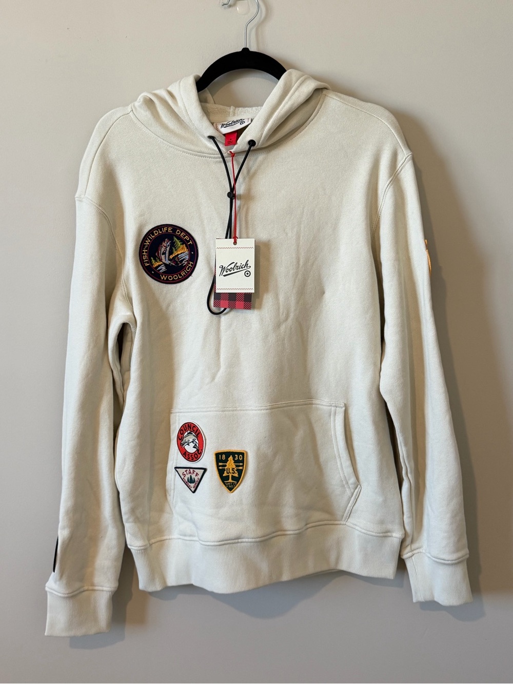 NWT Woolrich Men’s Cream Hooded Patch Sweatshirt